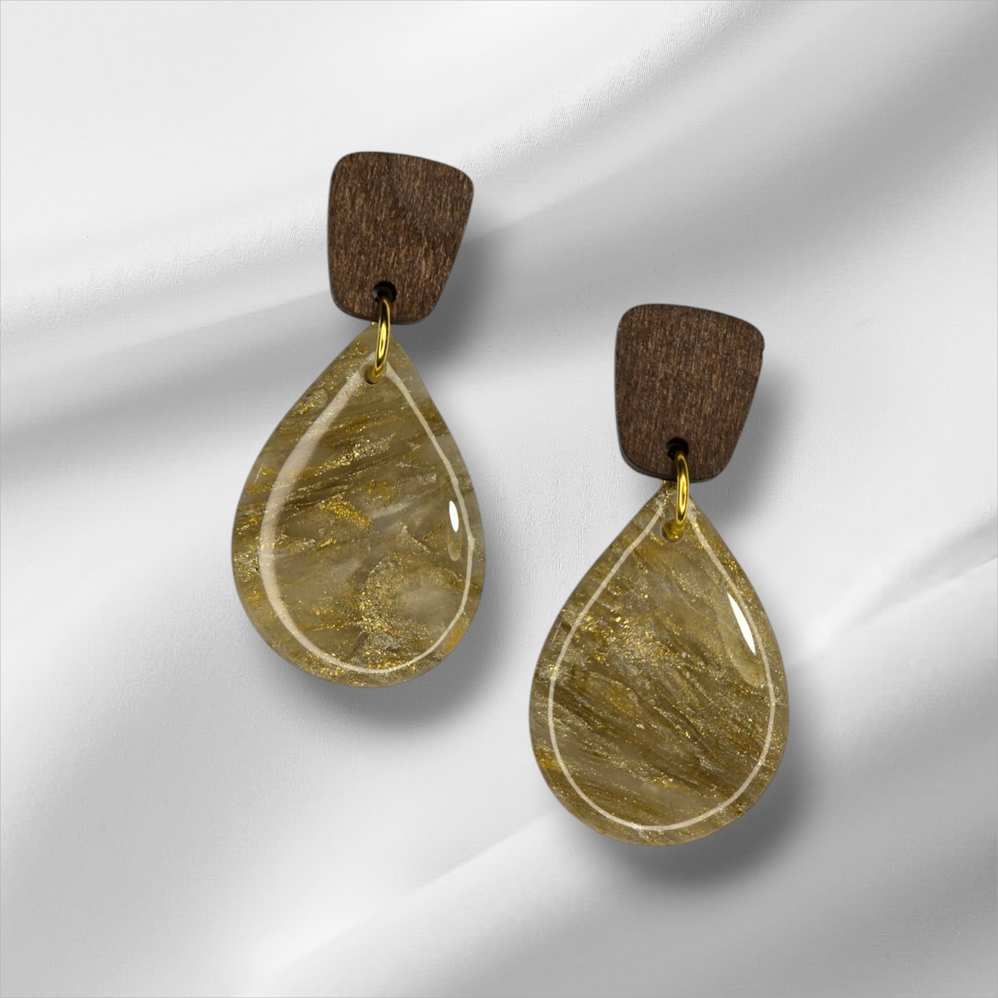 Gold Teardrop With Wooden Top Earrings