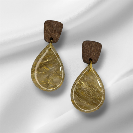 Gold Teardrop With Wooden Top Earrings