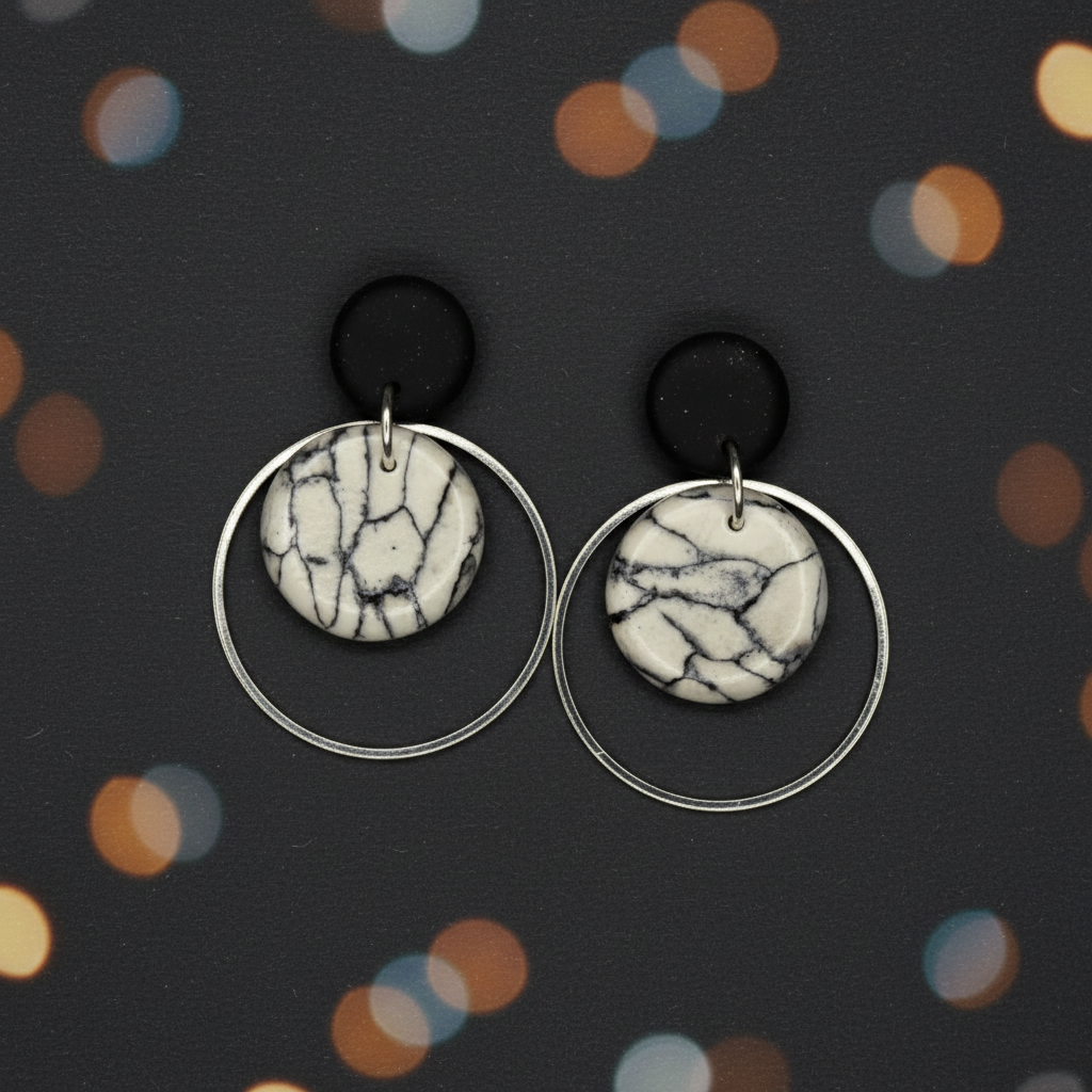 White and black marbled earrings