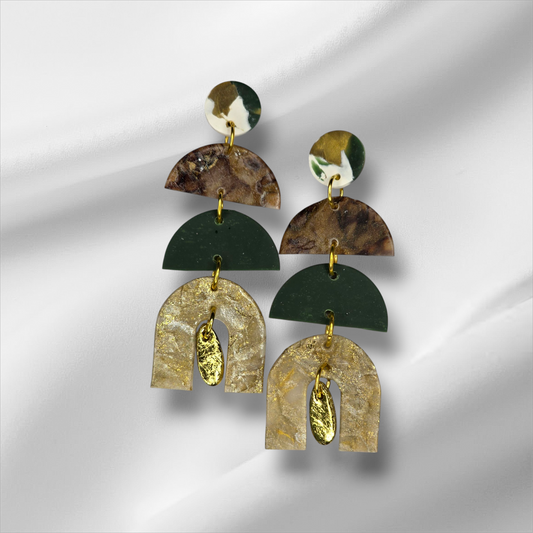 Beautiful BoHo Large Layered Earrings in Green and Gold