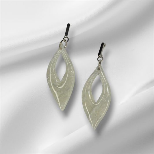 White With Silver Leaf Slender Teardrop Earrings