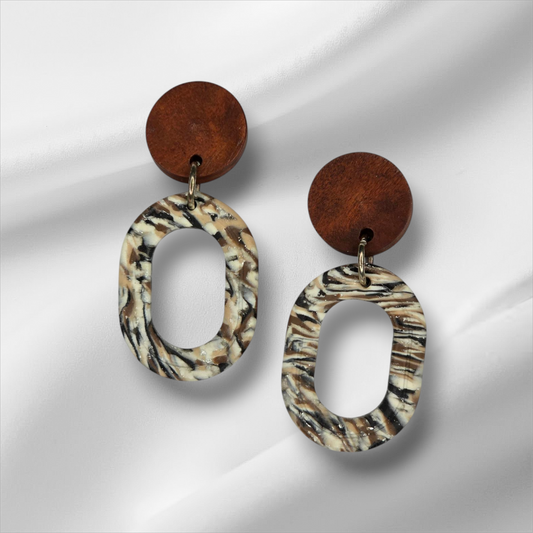 Wooden Top Oval Neutral Earrings