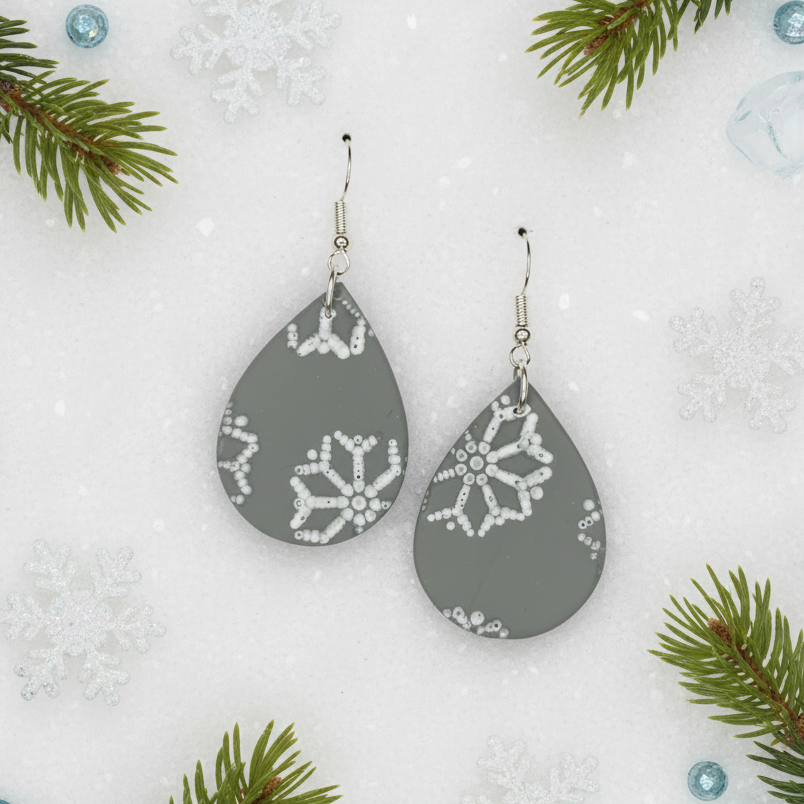 Grey Teardrop Snowflake Earrings