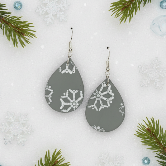 Grey Teardrop Snowflake Earrings