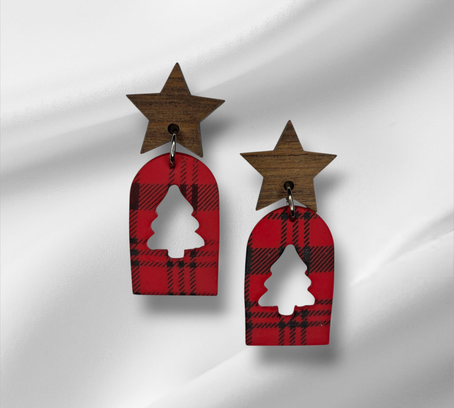 Wood Star Stud with Black and Red Buffalo Plaid Christmas Earrings