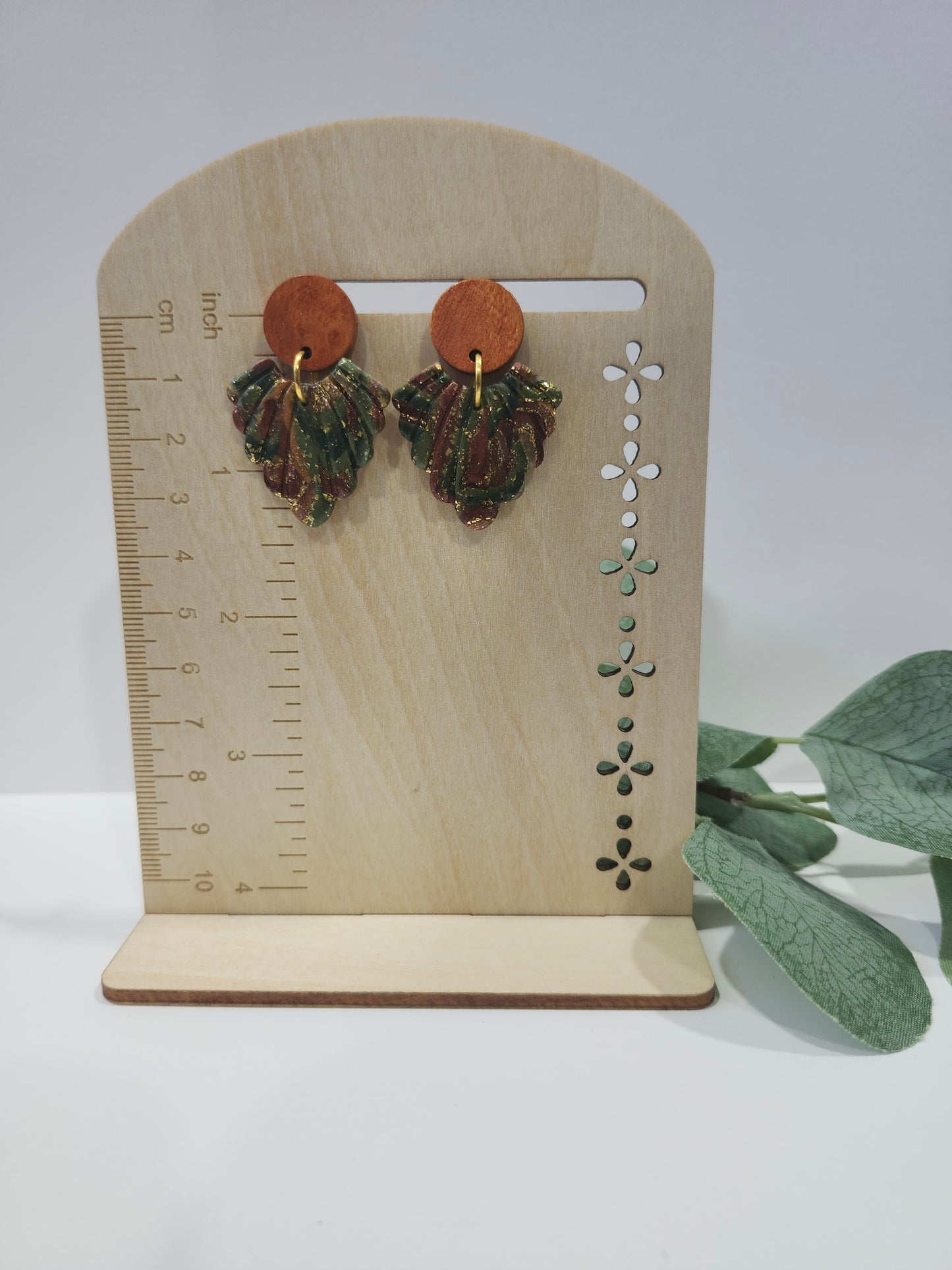 Wooden stud Green, Bronze and Gold Earrings