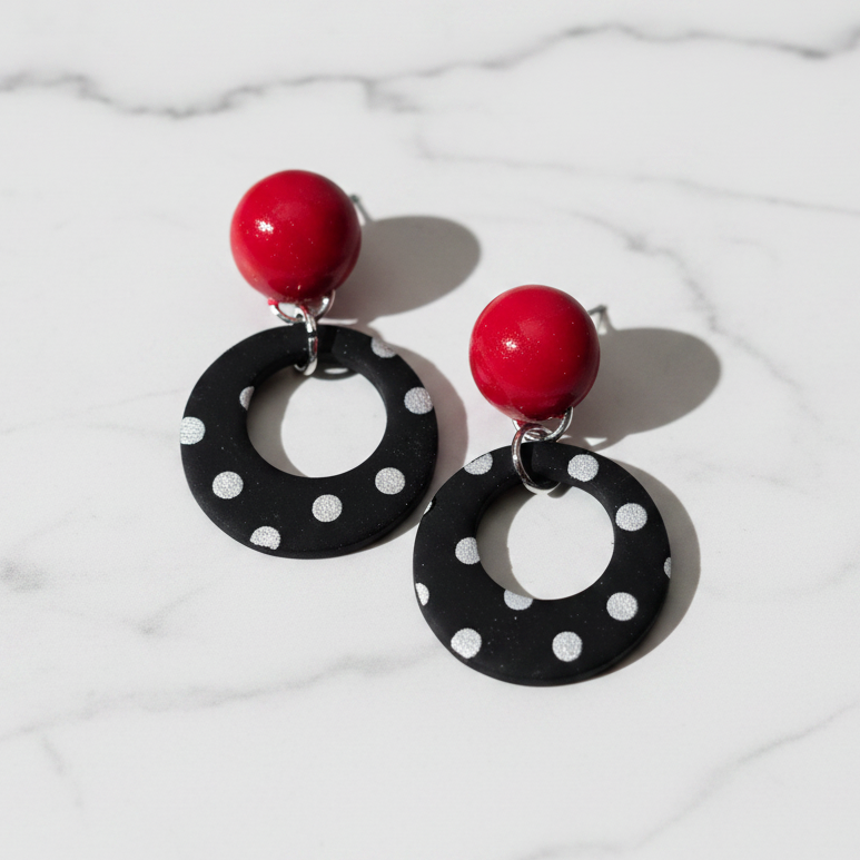 Red Stud with Black With polka dot circle earrings