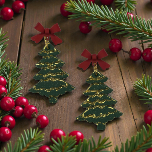 Green Christmas Trees with Red bow stud earrings