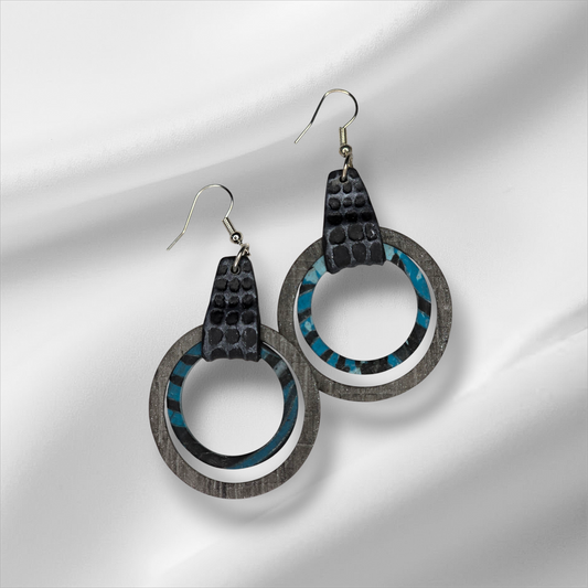 BoHo Wood and Leather looking Grey and Blue Earrings