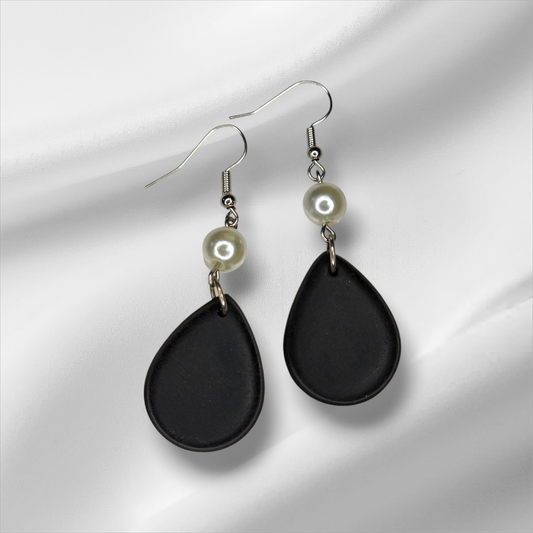 Black With Pearl Teardrop Fish Hook Earrings