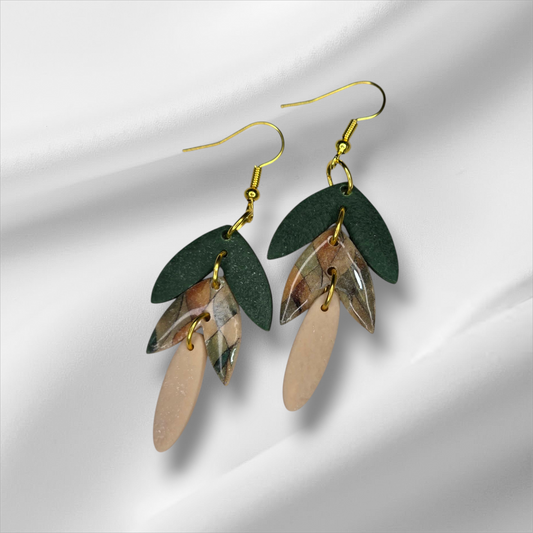 Green with Tan Dangle Earrings