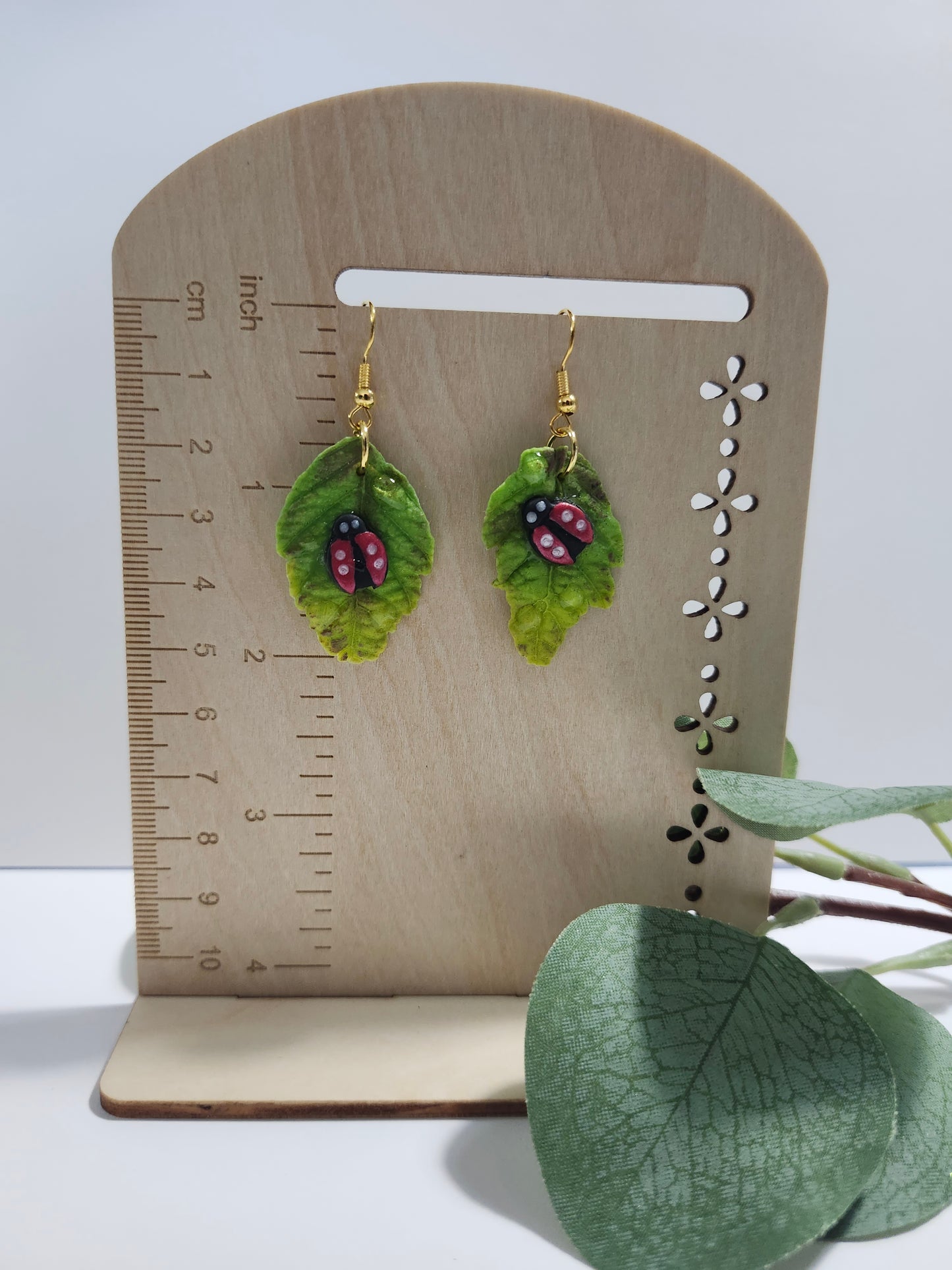 Lady Bug on a Leaf Dangle Earring
