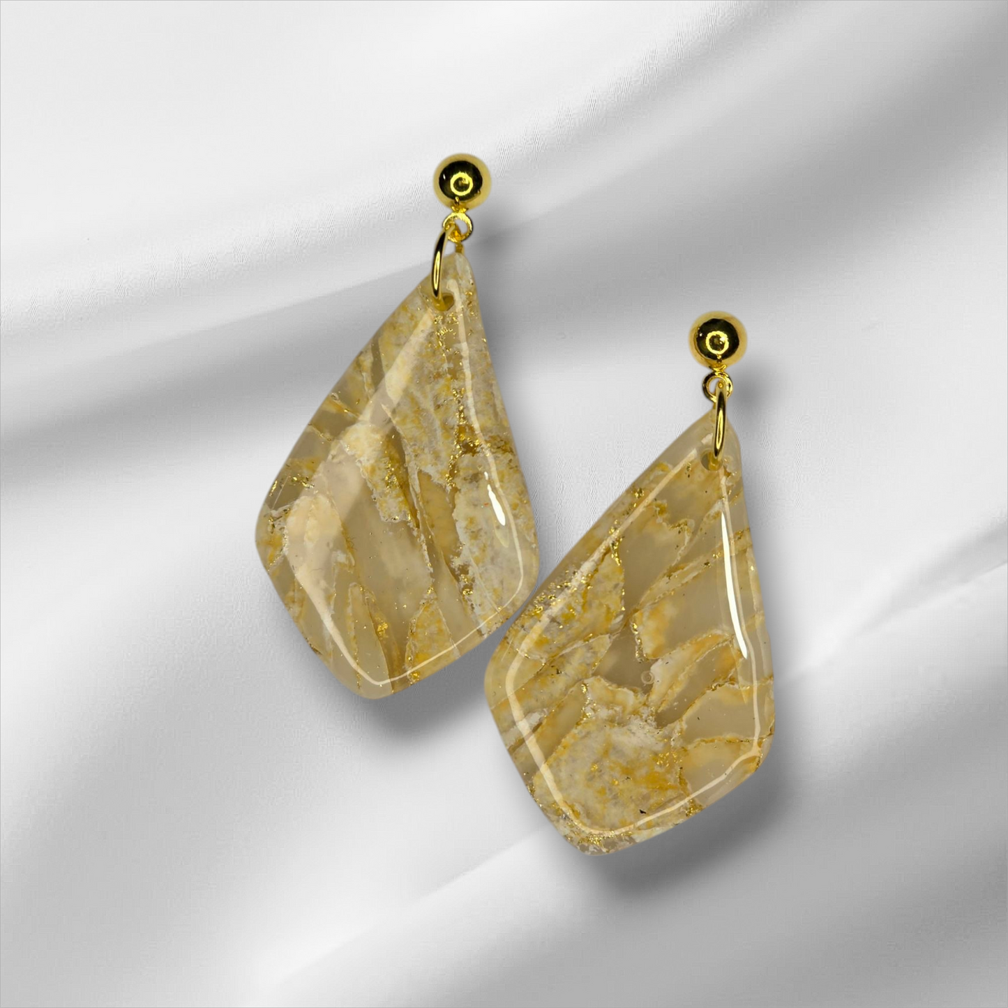 Gold with Cream Angle Teardrop Earrings