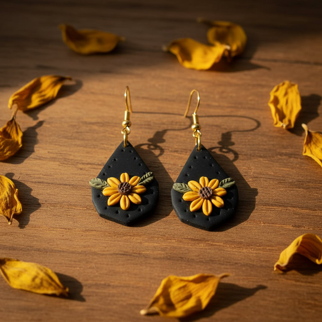 Black Teardrop With Daisy Earrings