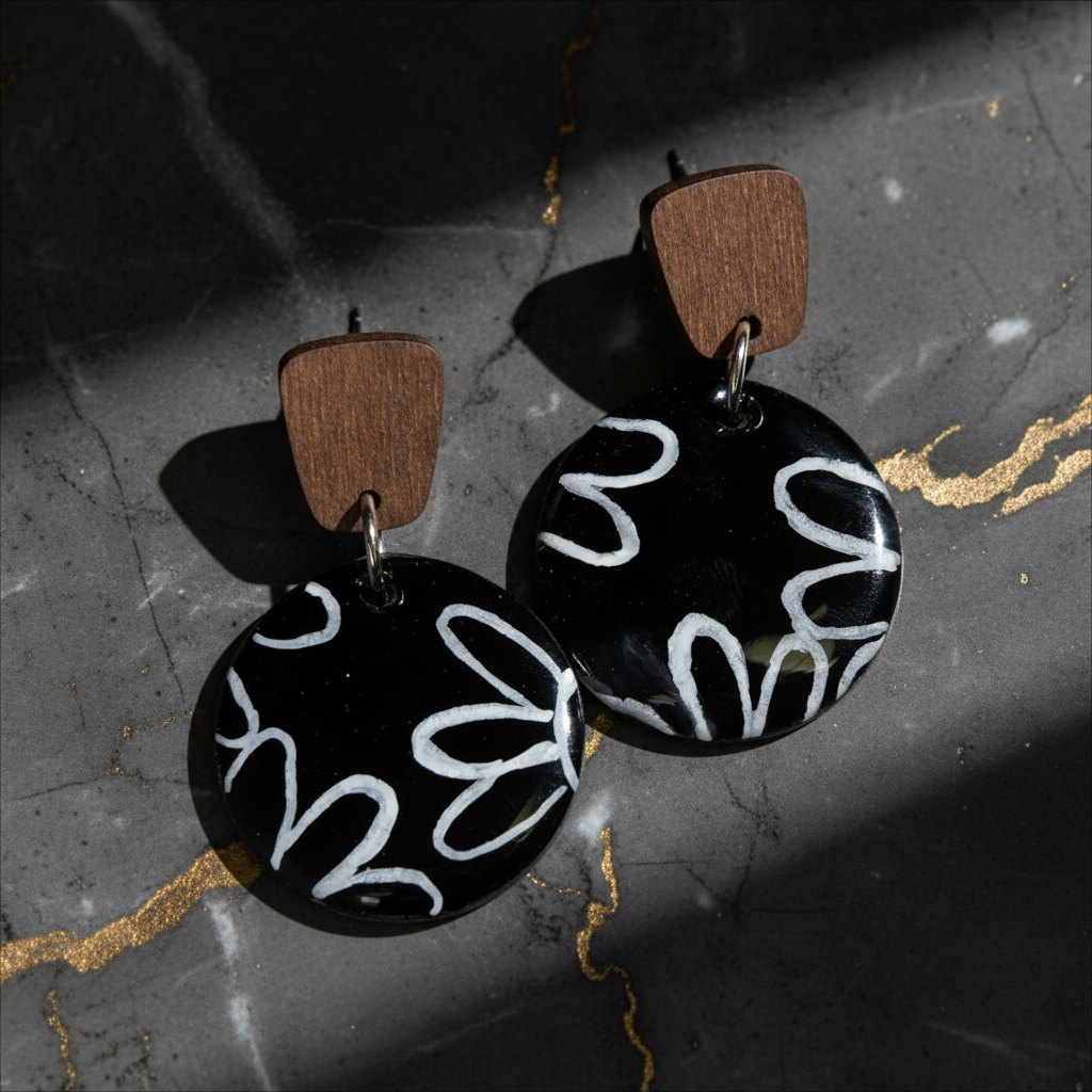 Black With Flower UV Resined Earrings