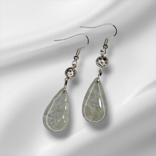 Silver Coated Lave Bead, White with silver Leaf Earrings