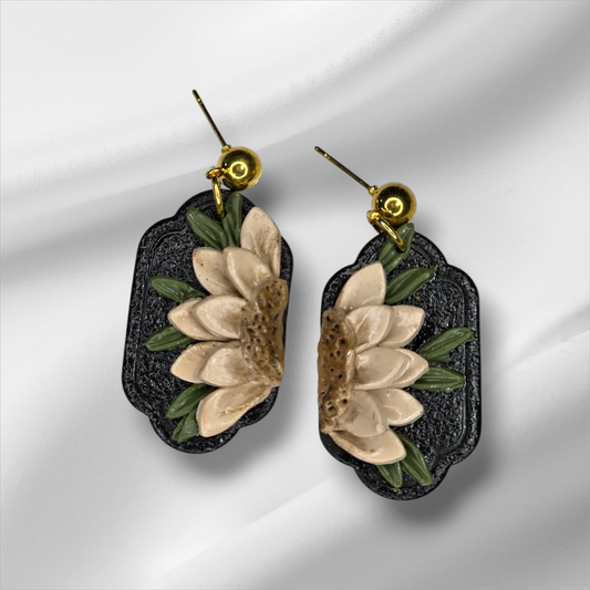 Framed Black With Tan Flower Earrings