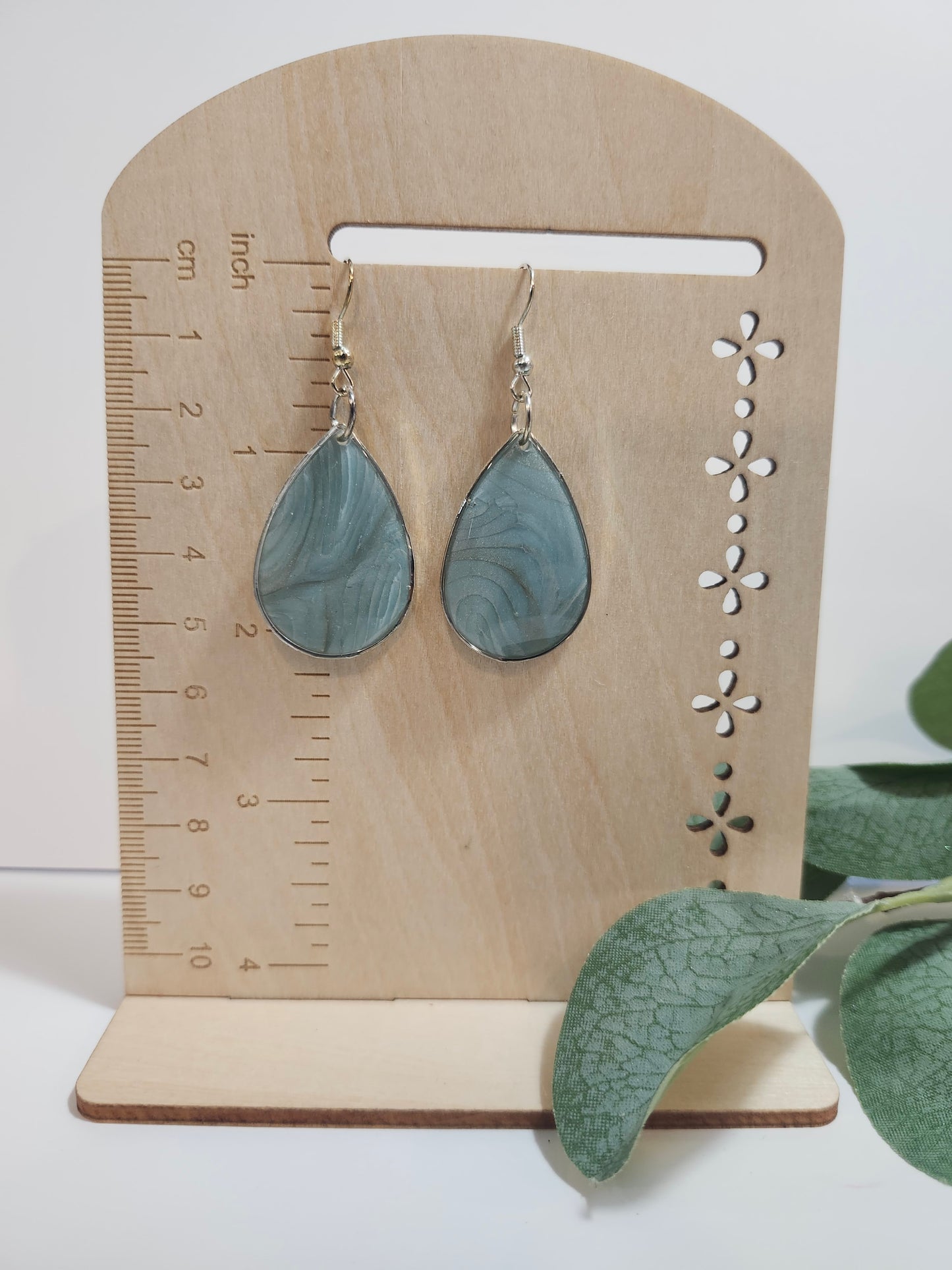 Teal Marble Teardrop Earring with a Silver Bezel